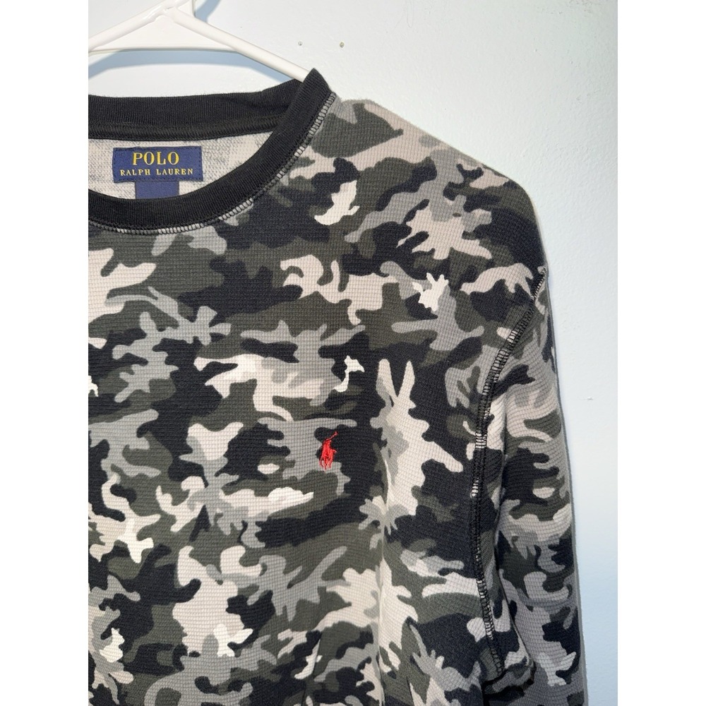 POLO RALPH LAUREN Men's Shirt Thermal Camo Logo Waffle Knit Black Gray Size XL - Picture 2 of 6